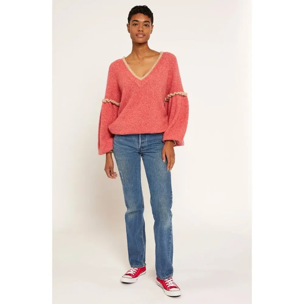 Joie Bodie V Neck Ruffle Sleeve Sweater Size Red Ponciana Cozy Feminine Chic - Picture 2 of 9